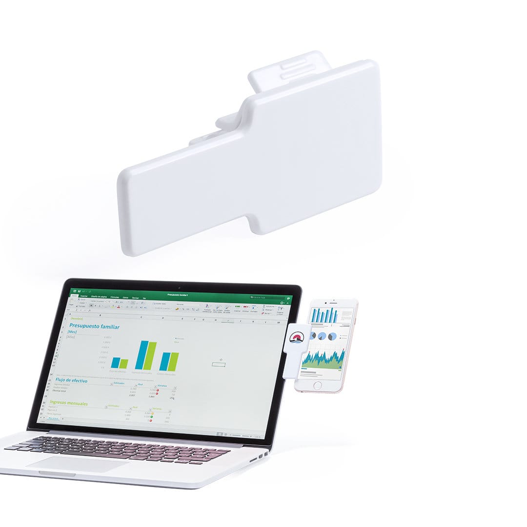 A white product positioned near a laptop displaying data graphs and charts on the screen, with a phone nearby. Beltrak - Image 1
