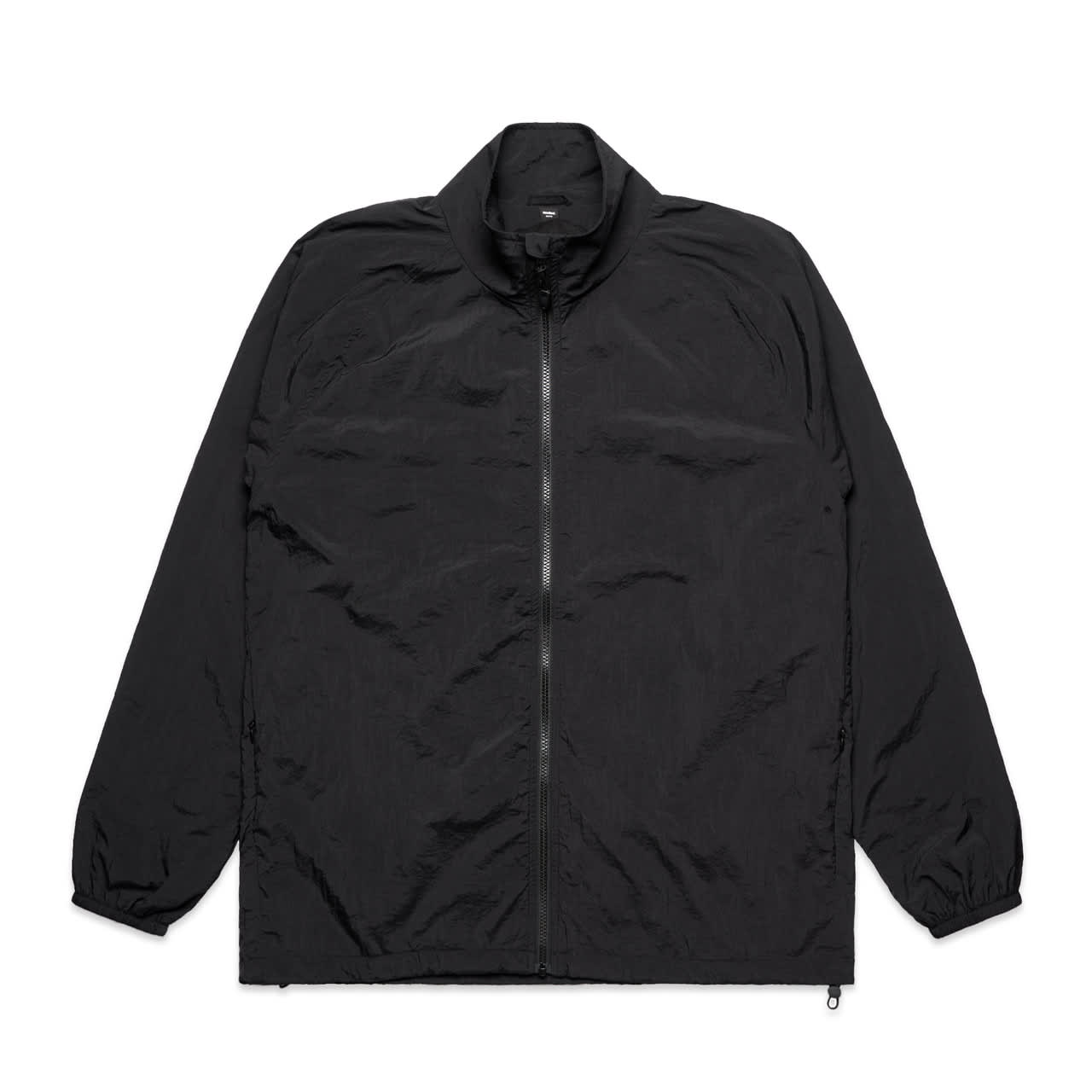 A black jacket with a zip front, high collar, and elastic cuffs. It features a logo on the upper chest. Active Jacket - Image 1