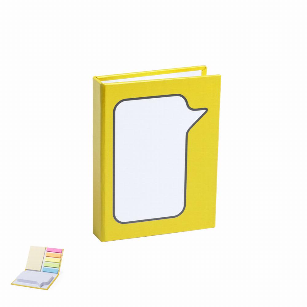 A yellow notebook with a speech bubble design on the cover, accompanied by colourful sticky notes. Dosan - Image 1