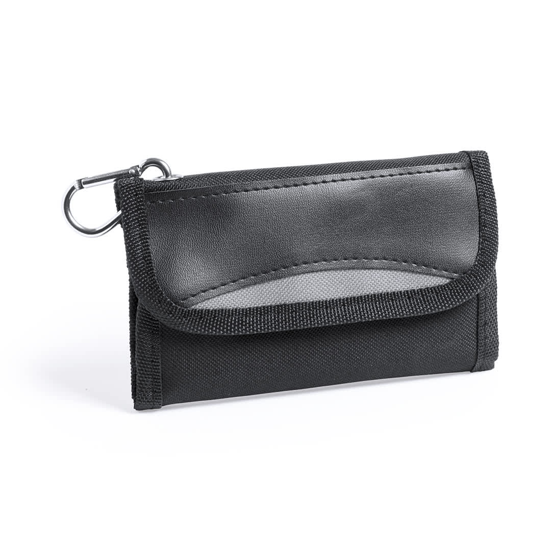 A black tool set with a keyring attachment and a fold-over flap closure. It has a textured finish. Congus Tool Set - Image 1
