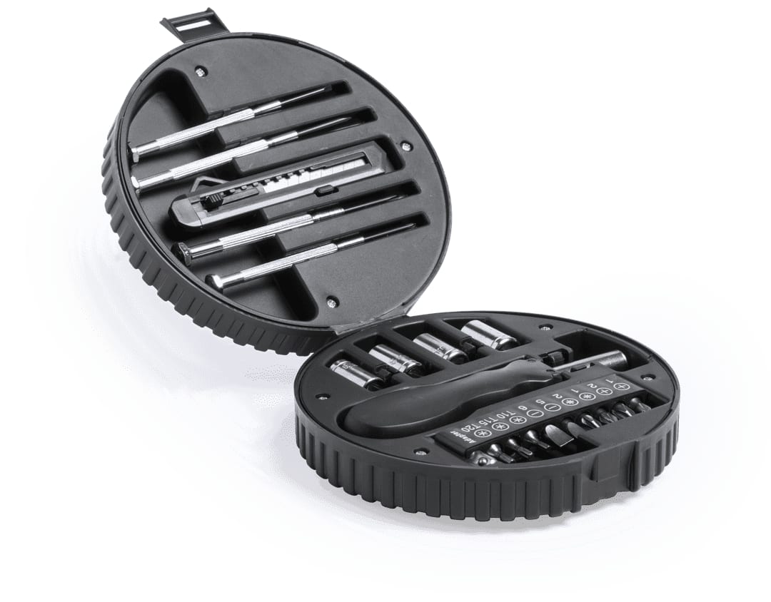 A black circular tool set featuring various tools and accessories, neatly organised within its case. Wheels Tool Set - Image 1