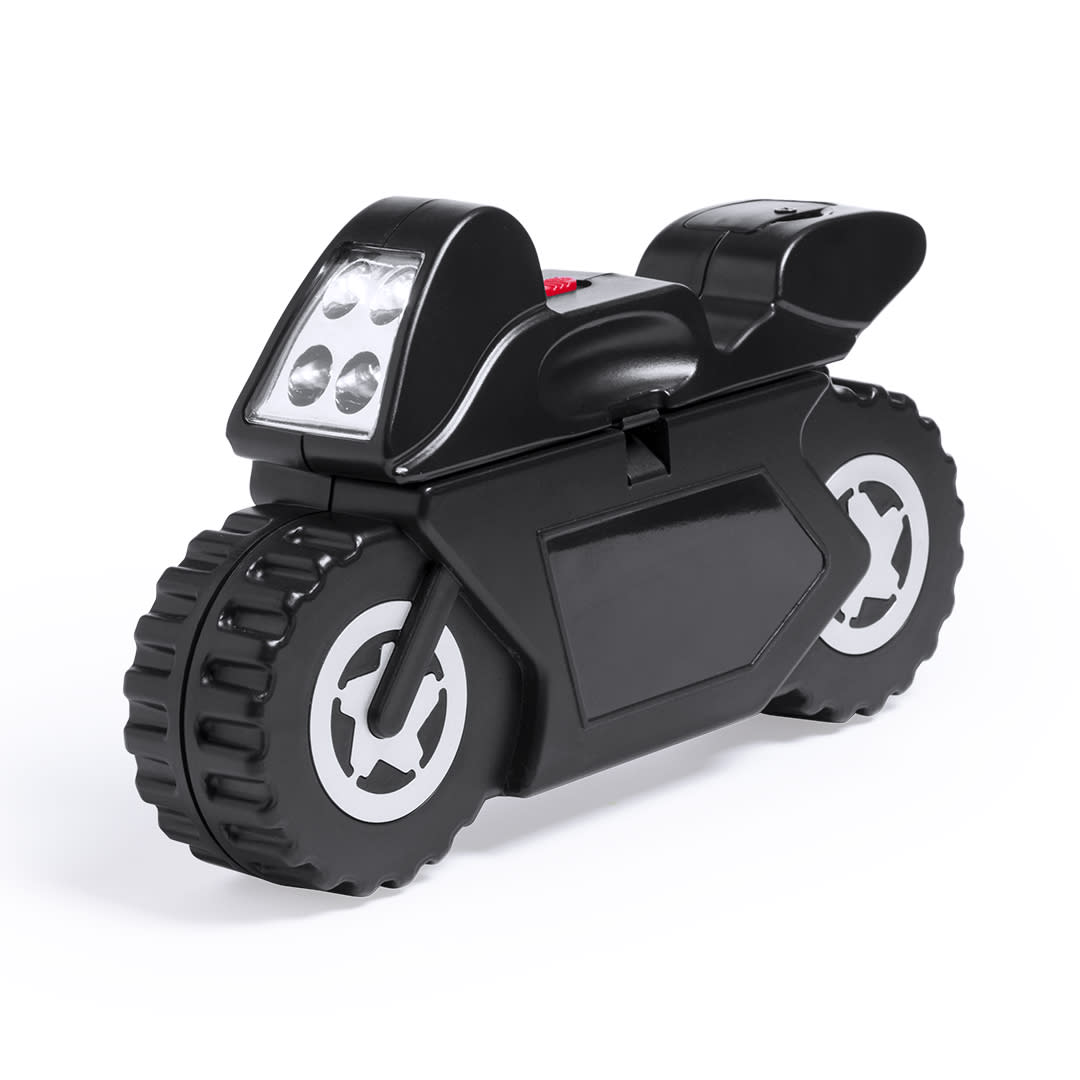 A black motorcycle-shaped tool set with wheels and lights, featuring a compact design for easy storage. Mostik Tool Set - Image 1