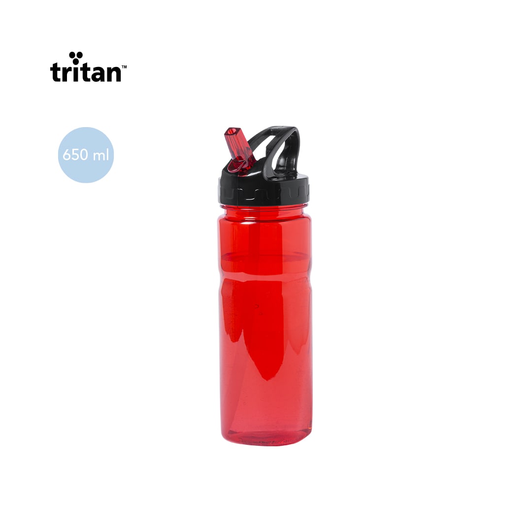 A drink bottle made of red Tritan material, featuring a straw and a black cap, with a capacity of 650 ml. Vandix Bottle - Image 1