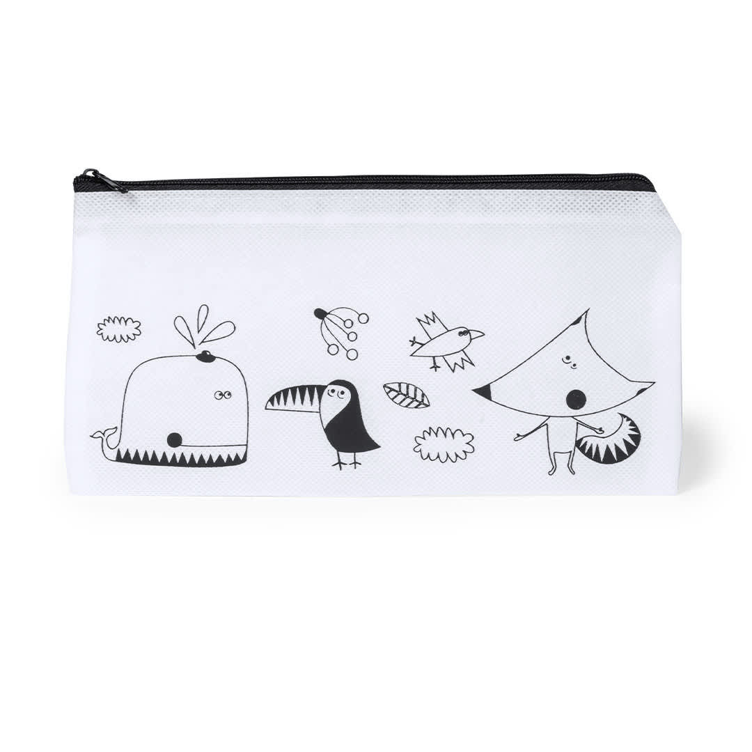 A white pencil case featuring playful black illustrations of animals and nature, with a zip closure and branding. Skinga Pencil Case - Image 1
