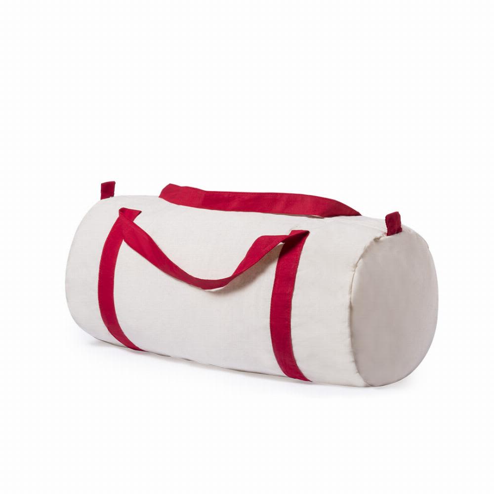 A gym bag in cream with red straps, featuring a cylindrical shape and sturdy handles. Simaro - Image 1