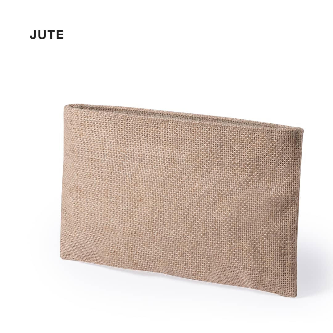 A jute toiletry bag in a natural beige colour, featuring a simple, unadorned design and a logo. Singla Beauty Bag - Image 1