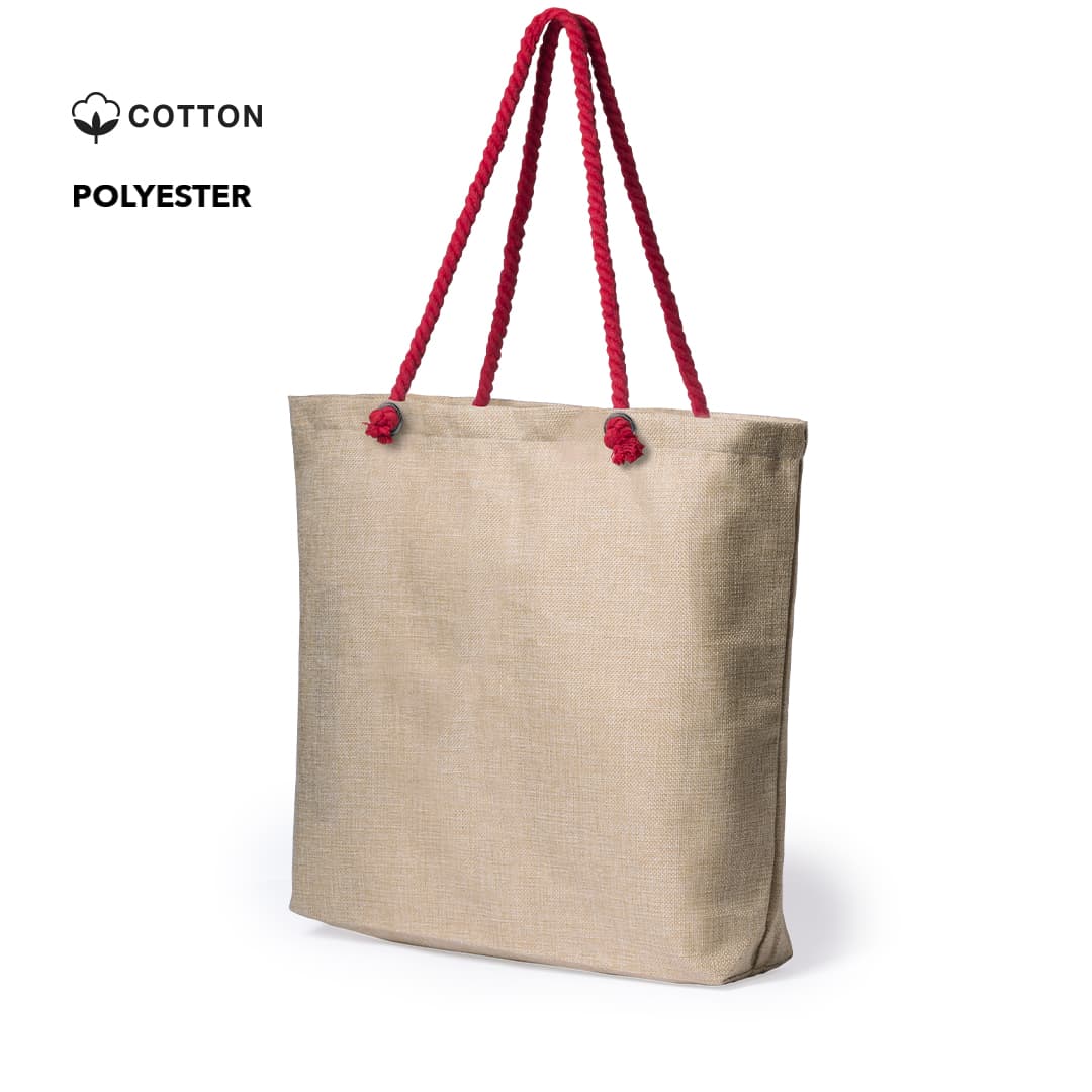 A natural beige tote bag with red braided handles, made from cotton and polyester, featuring a logo. Holfox Bag - Image 1