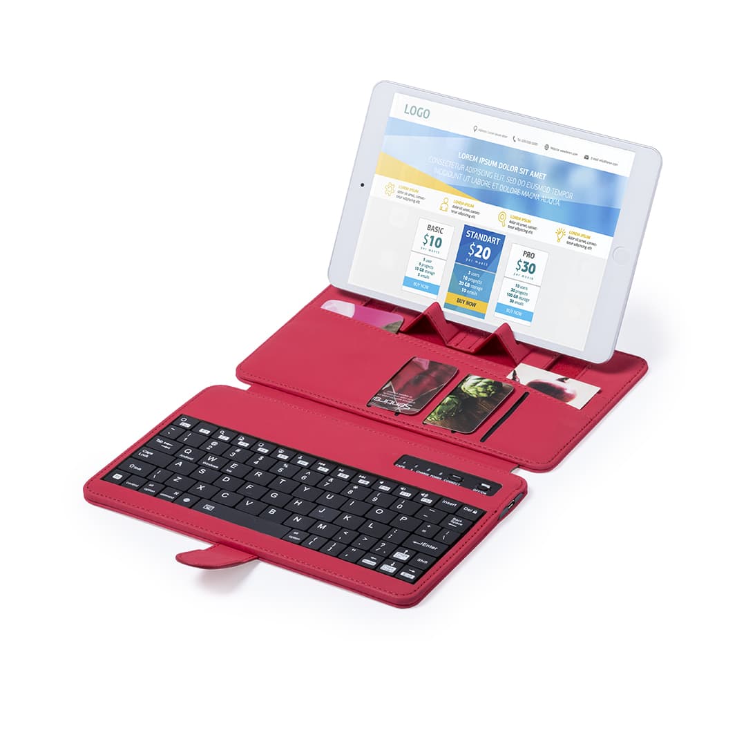 A red keyboard holder with a black keyboard and space for a tablet, featuring card slots and a logo. Dustin Keyboard Holder - Image 1