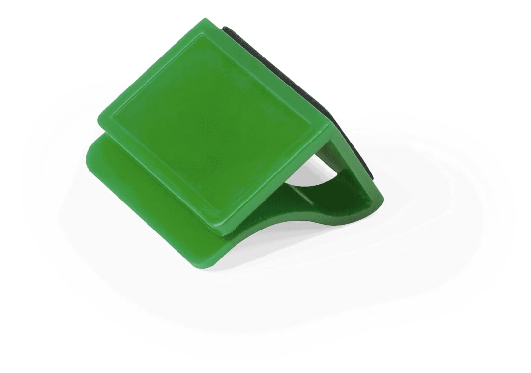 A green webcam cover with a simple design, featuring a flat rectangular top and a curved clip. Fewek Webcam Cover - Image 1