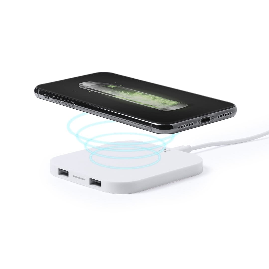 A wireless charger in white with a smartphone hovering above, showcasing the charging process with glowing lines. Donson Charger - Image 1