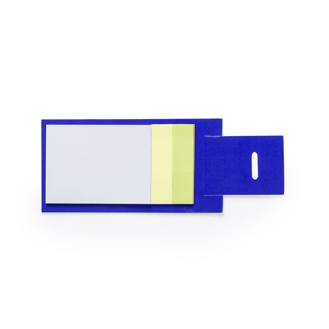 A blue notepad featuring a large white pad and two smaller sticky notes in yellow and green. It has a branding logo. Novich Notepad - Image 1