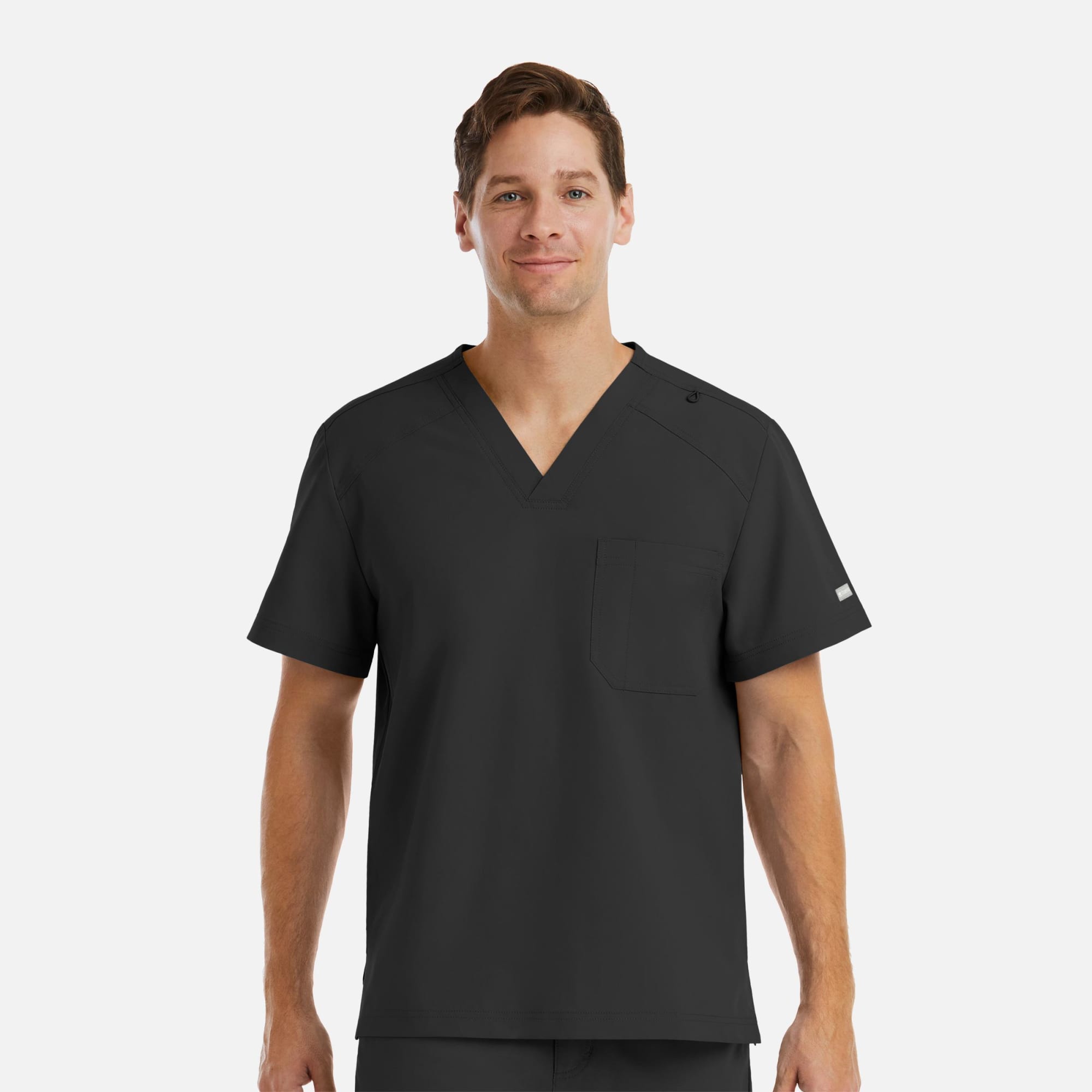 A men's black V-neck top with a pocket, featuring a logo and a tuckable design. Momentum Mens Tuckable V-Neck Top - Image 1