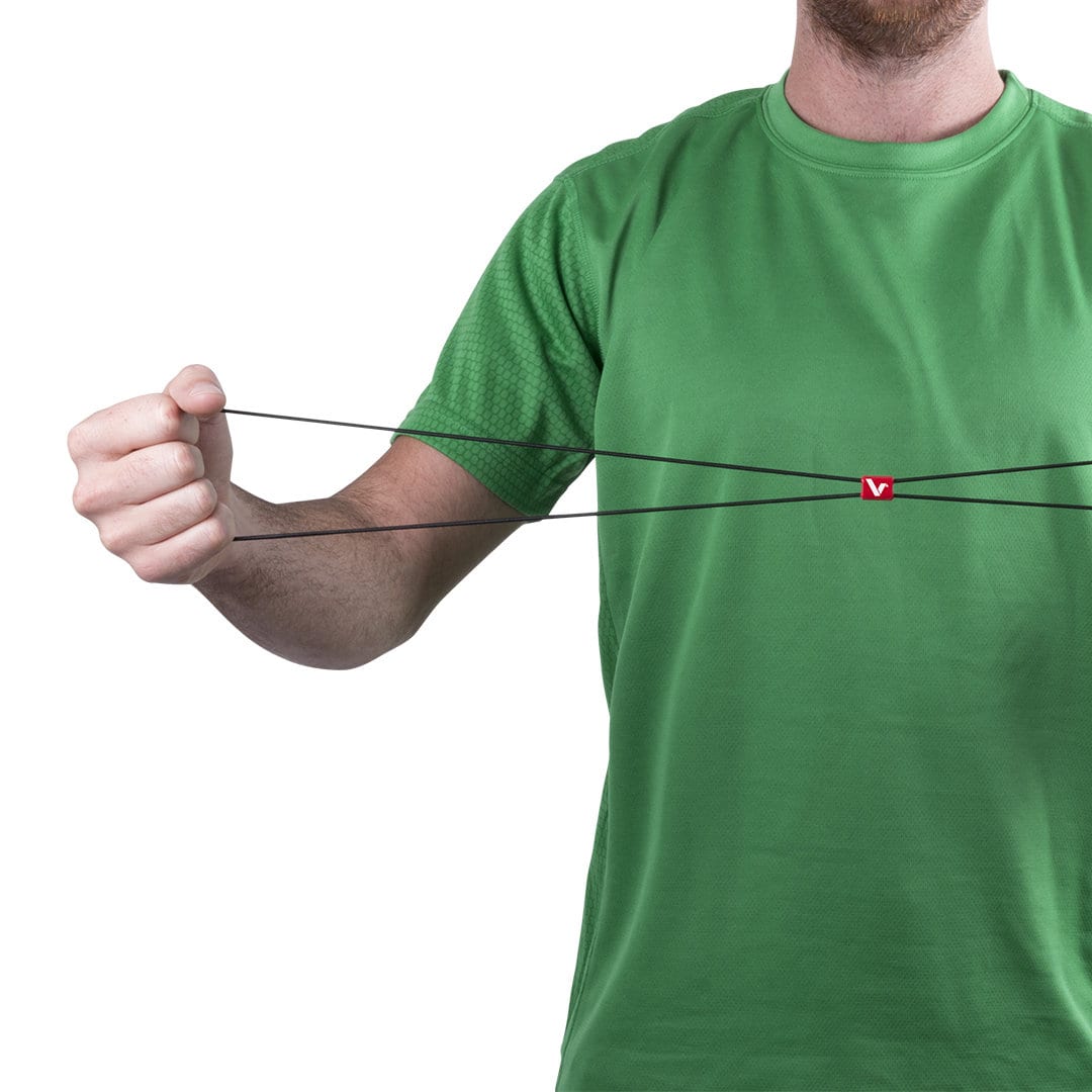 A green exercise band is being held between a person's hands, with the person wearing a green shirt and a logo visible on the band. Mansat Exercise Band - Image 1