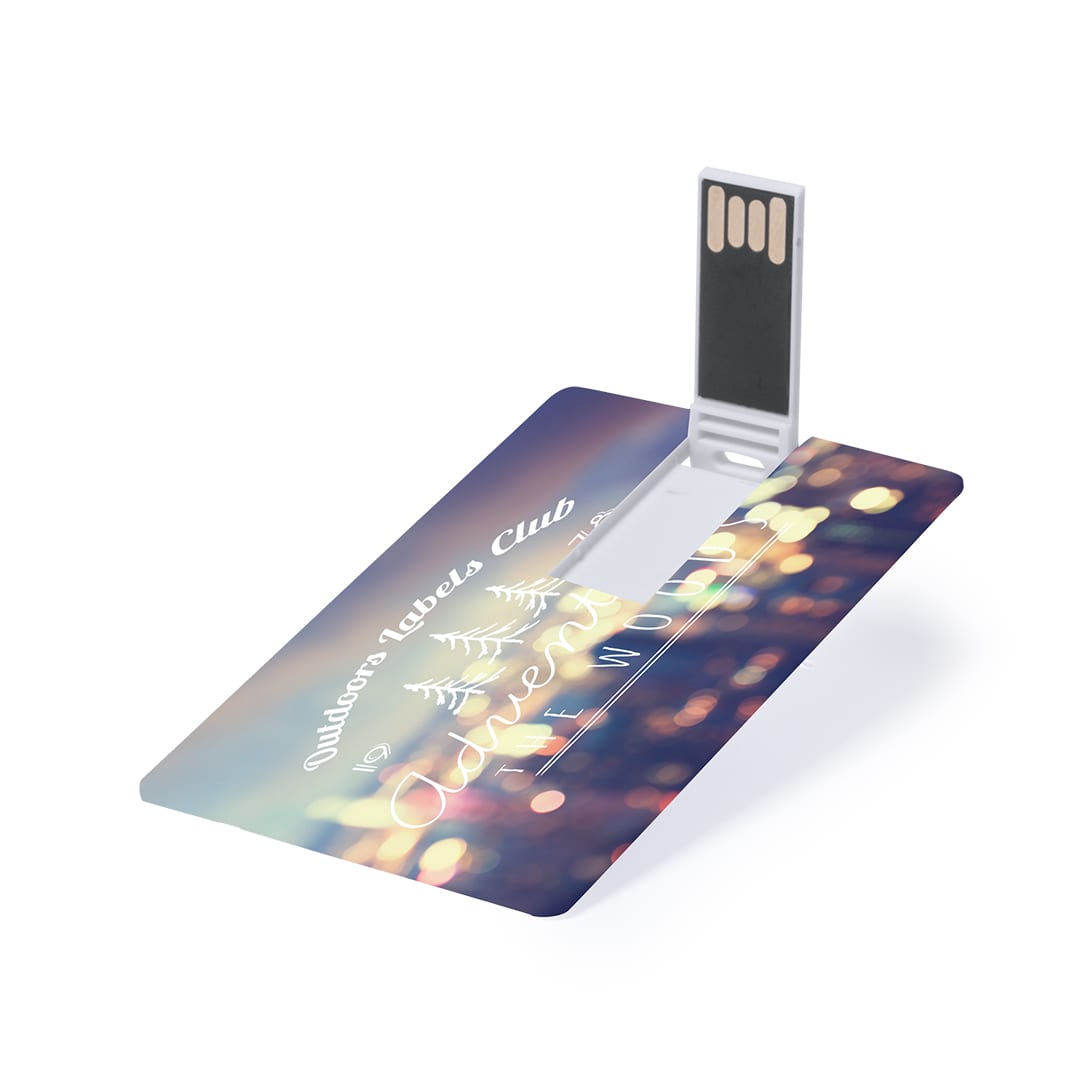 A 16GB USB memory flash drive with a card design, featuring a blurred, colourful background and a logo. Sondy 16GB USB Memory - Image 1