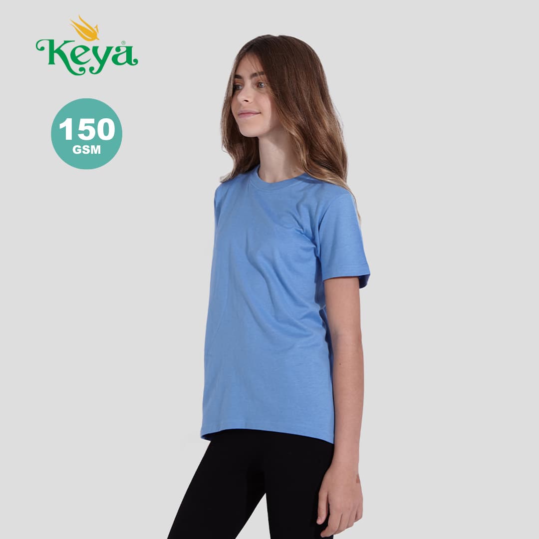 A blue kids' t-shirt with short sleeves and a logo, modelled by a girl against a neutral background. YC150 Kids Colour T-Shirt "keya" - Image 1