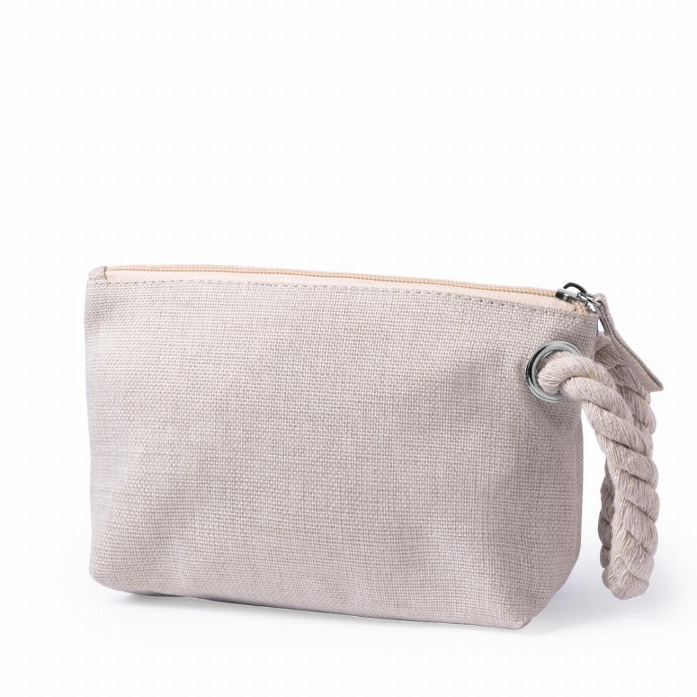 A pouch in light grey fabric with a braided handle and a zip closure. Features a branding logo. Babit - Image 1