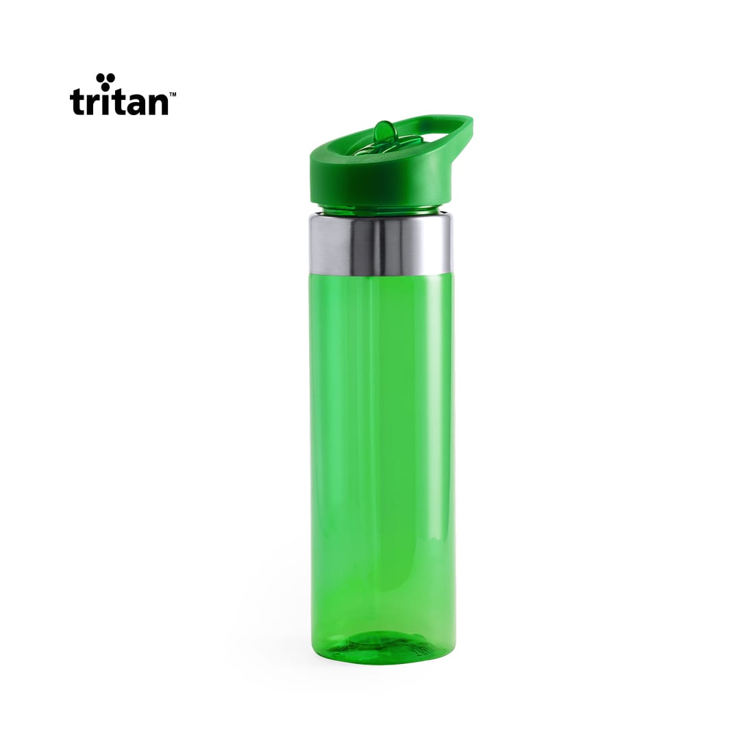 A drink bottle in bright green with a silver band and a green lid, featuring a logo. Halmik Bottle - Image 1