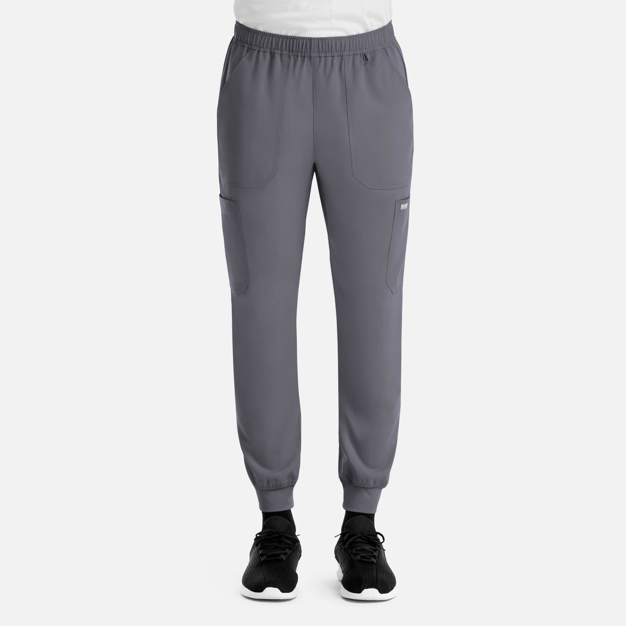 Full elastic joggers in grey with side pockets and elasticised cuffs, featuring a logo on the left leg. Momentum Mens Full Elastic Jogger - Image 1