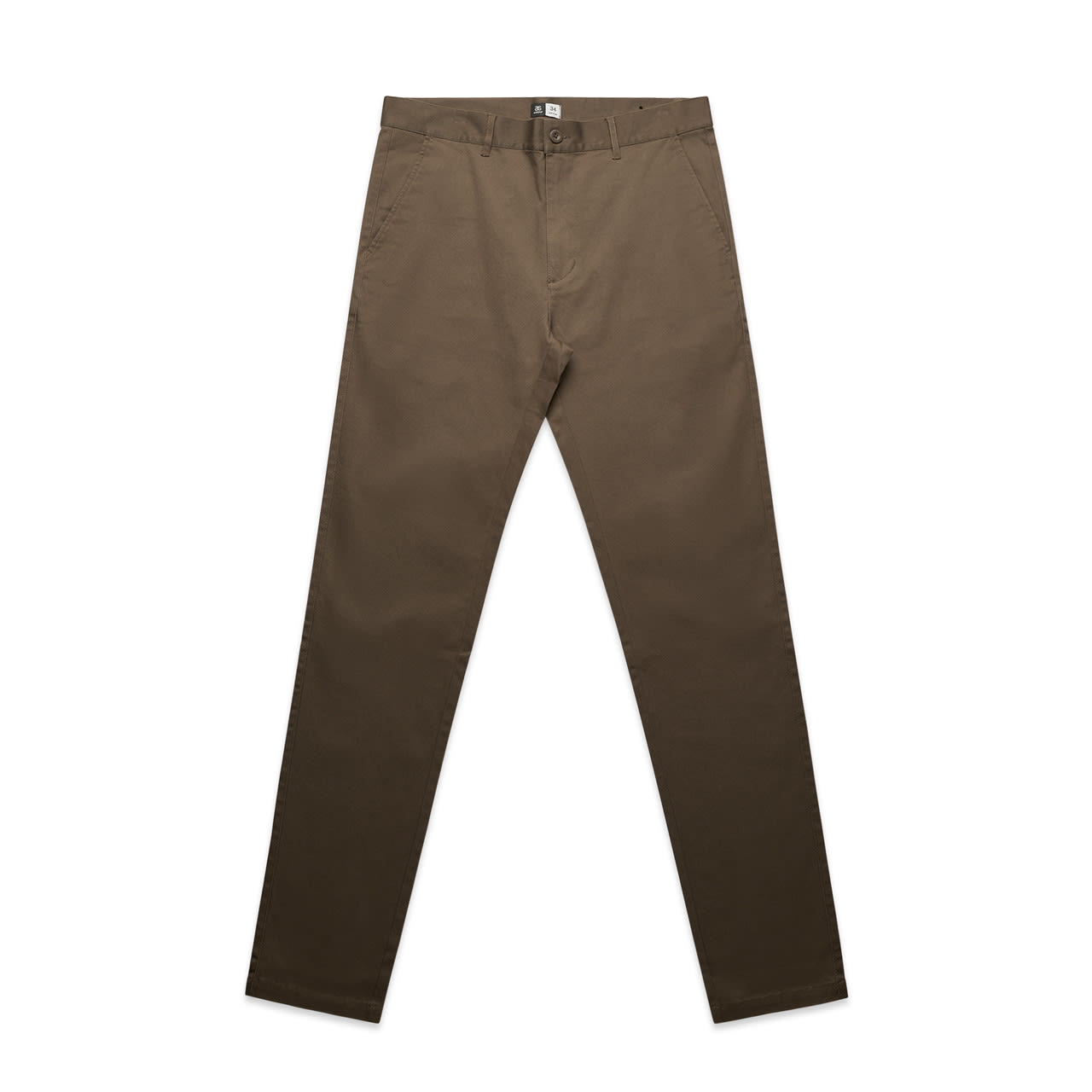 Olive green slacks with a slim fit, featuring a belt loop and button closure, and a logo on the waistband. Standard Pants - Image 1