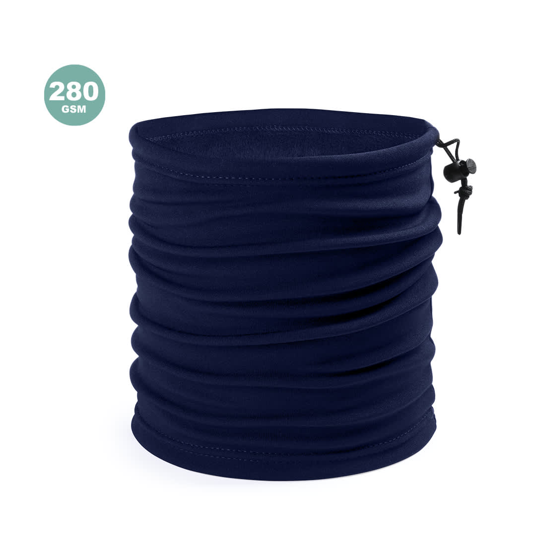 A navy neck warmer with a gathered design and adjustable drawstring, ideal for headwear accessories. Ponkar Neck Warmer and Hat - Image 1