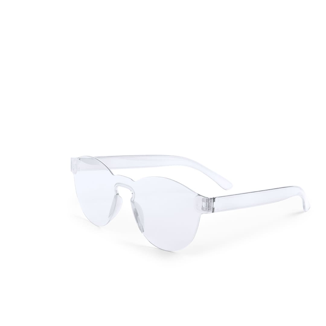 Clear, frameless sunglasses with a subtle cat-eye shape, featuring lightweight transparent arms and logo branding. Tunak Sunglasses - Image 1