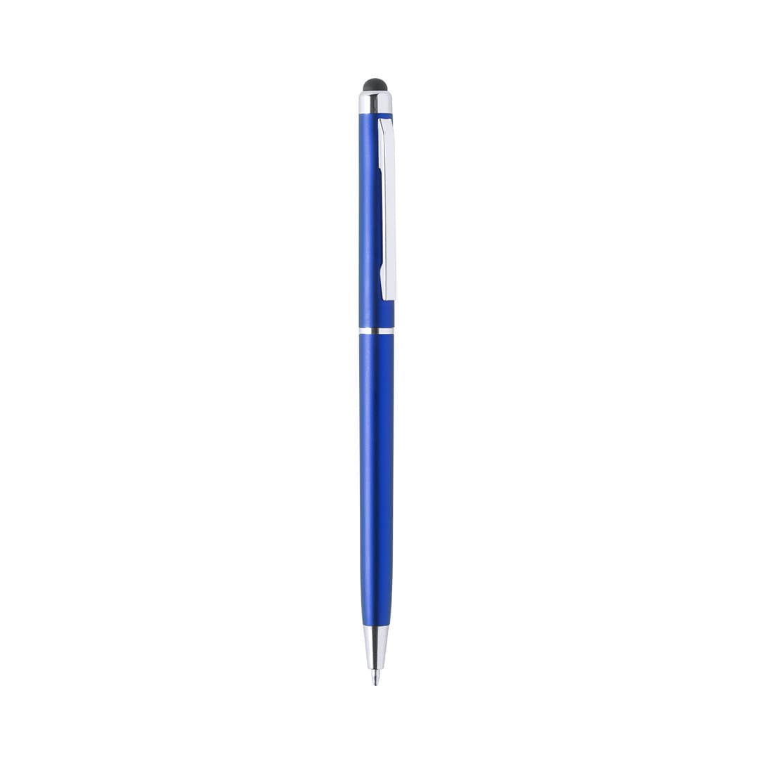 A blue stylus touch ball pen with a shiny silver clip and details. Features a logo on the barrel. Alfil Stylus Touch Ball Pen - Image 1