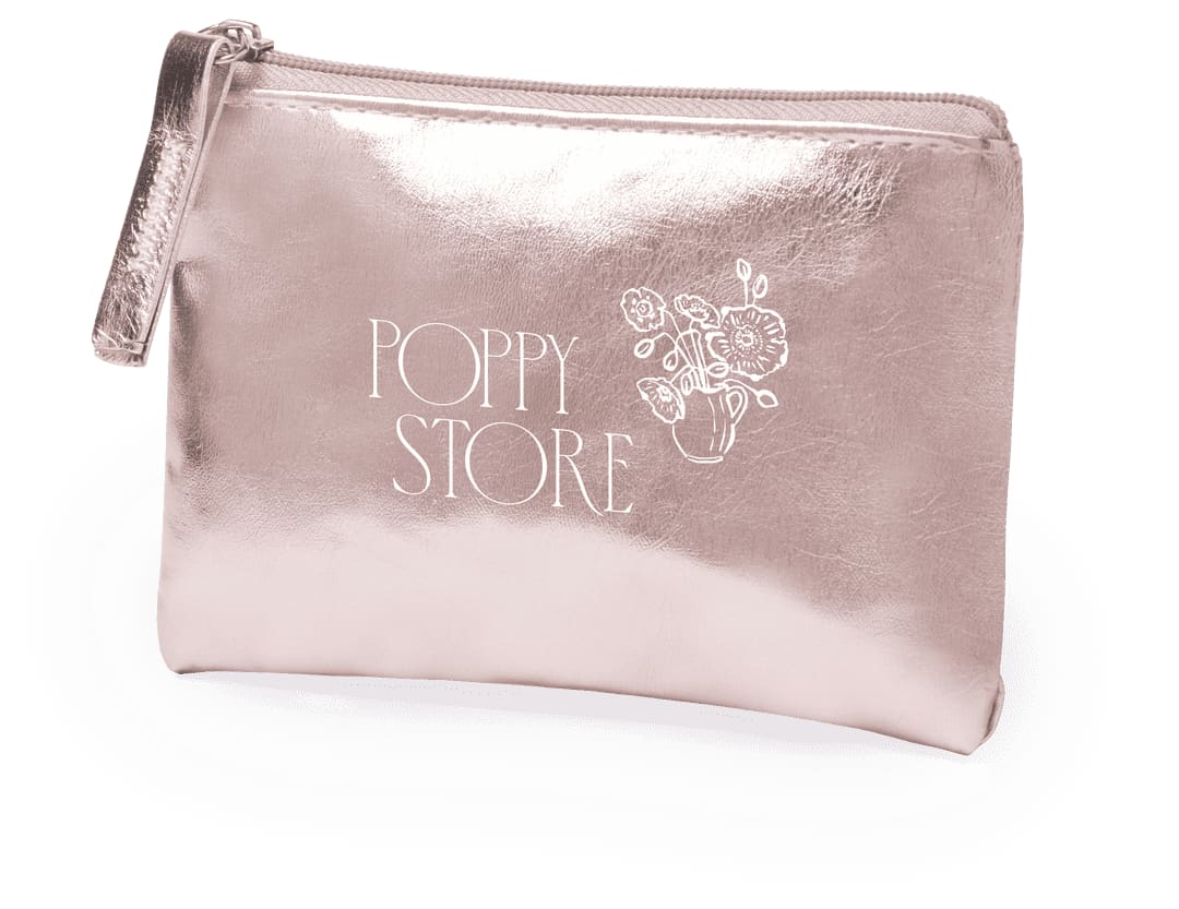 A metallic rose gold purse with a zip closure and a floral design, featuring a logo on the front. Faudok Purse - Image 1