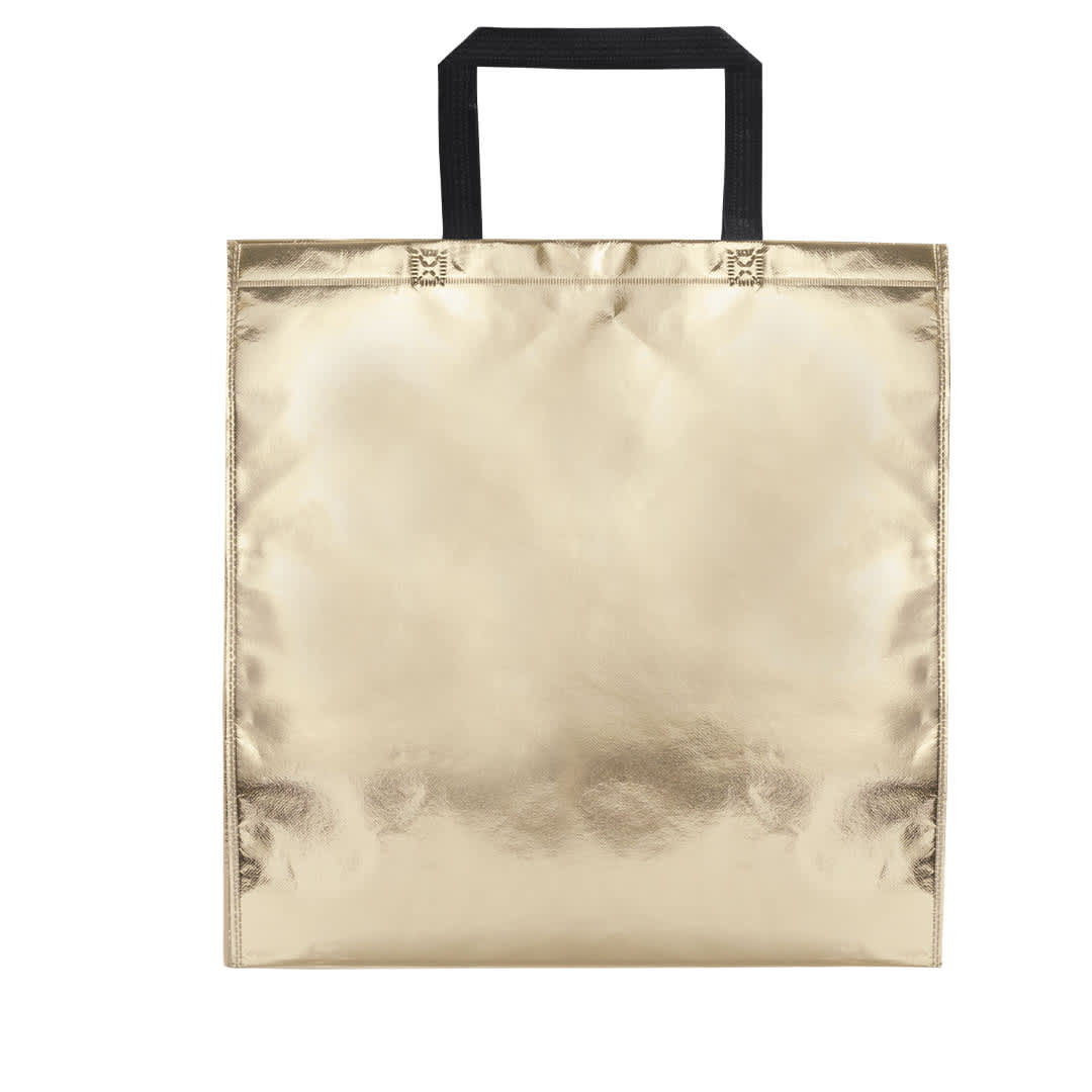 A gold-coloured tote bag with black handles and a glossy finish, featuring a logo. Poznan Bag - Image 1