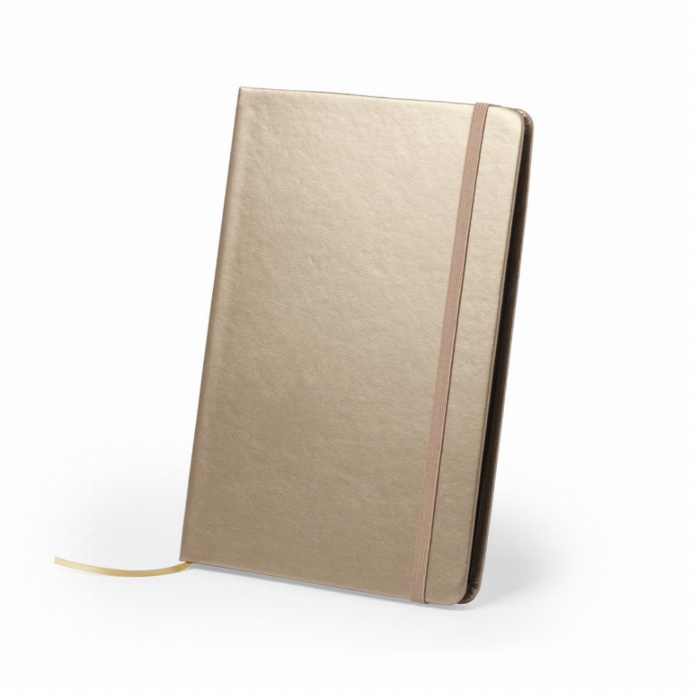 A gold notebook with a smooth finish, an elastic closure, and a ribbon bookmark. It has a minimalist design. Bodley - Image 1