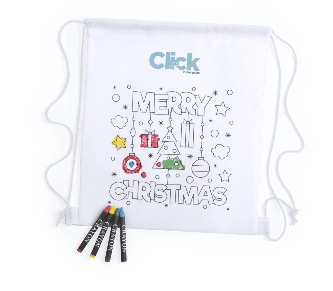 A white drawstring bag featuring a festive colouring design with coloured markers beside it. Kertran Drawstring Bag - Image 1