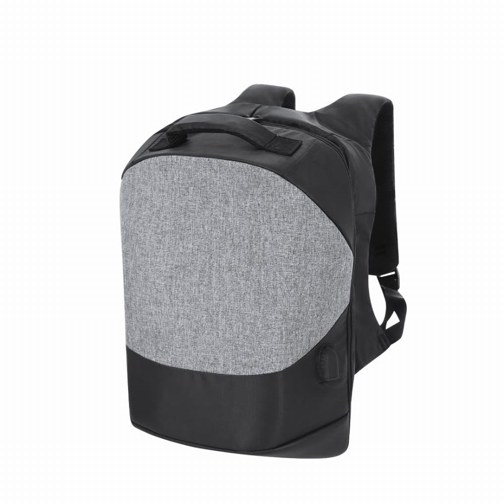 A backpack featuring a grey fabric front and black bottom, with adjustable straps and a top handle. It has a logo. Biltrix - Image 1
