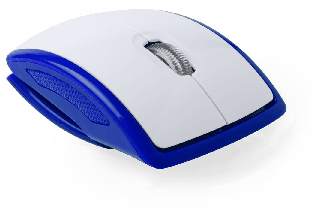 A blue and white computer mouse with a sleek design and a scroll wheel, featuring a textured grip. Lenbal Mouse - Image 1
