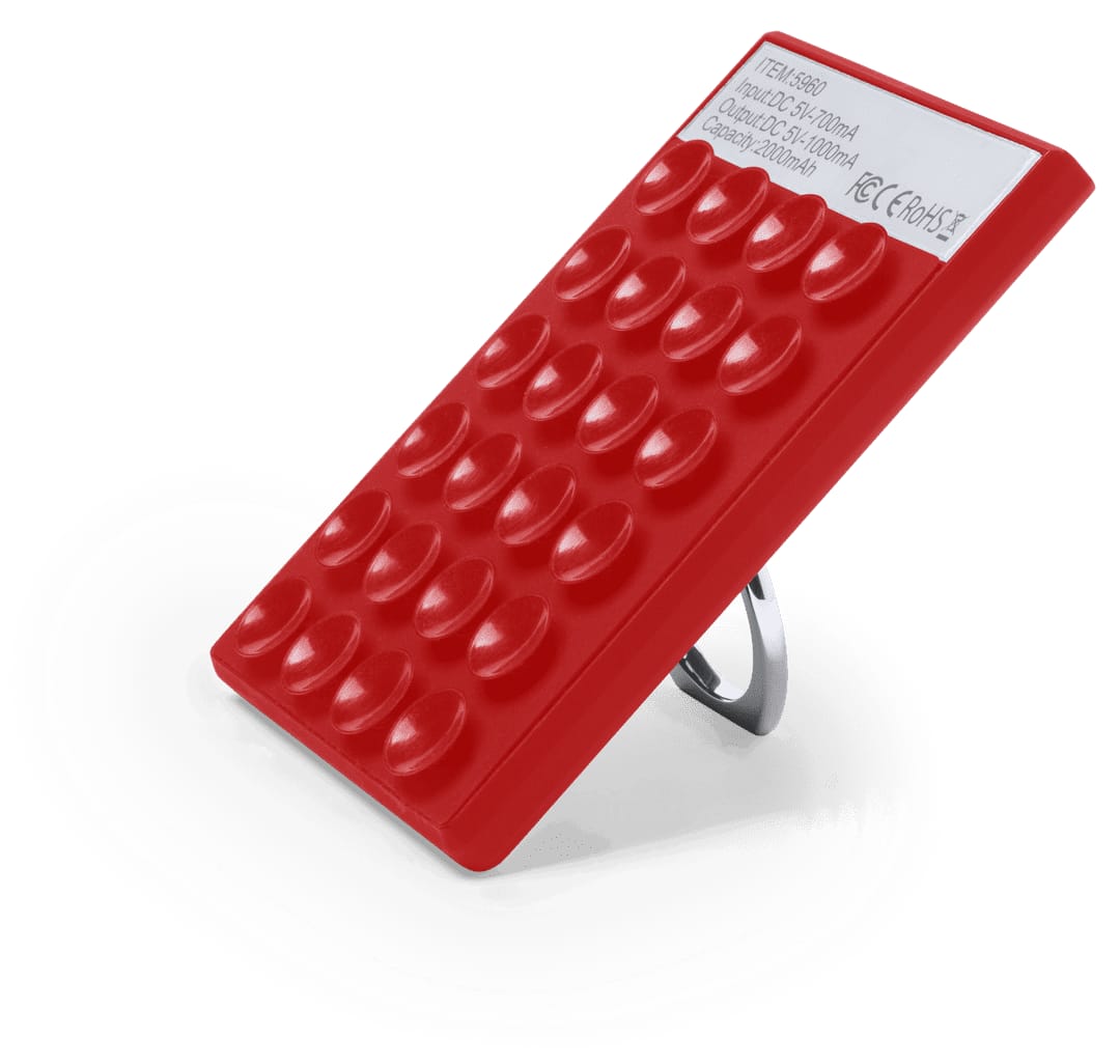 A red power bank with a textured surface and built-in stand, featuring a logo on the back. Privek Power Bank - Image 1