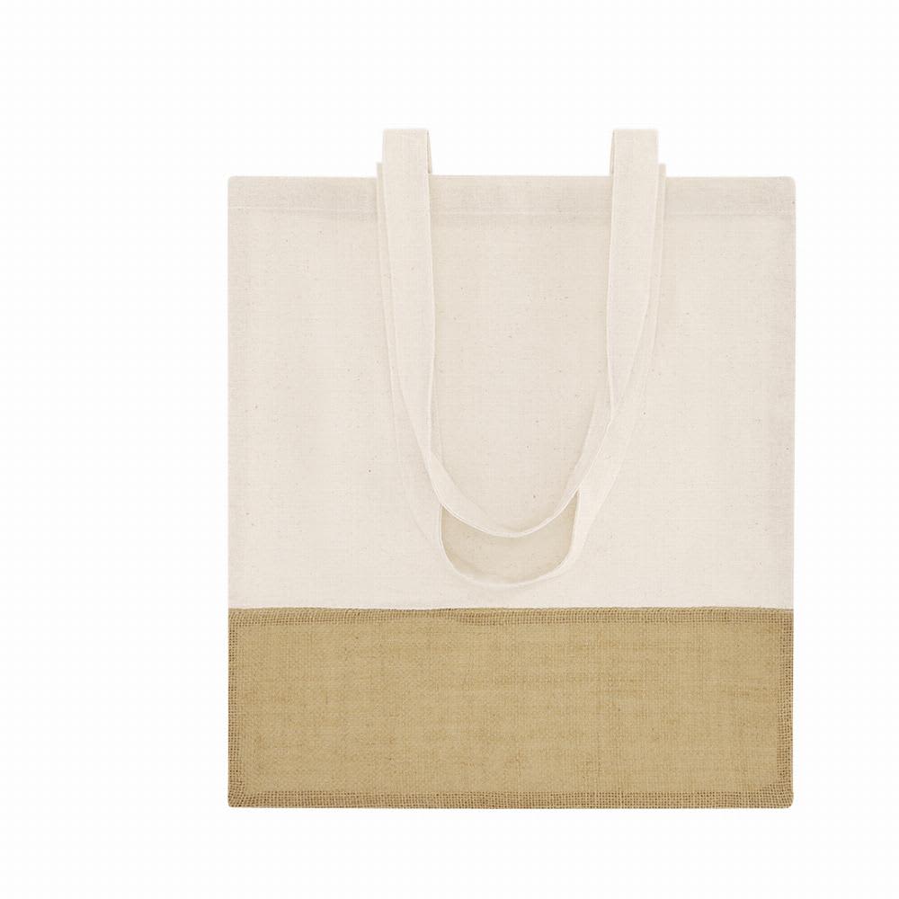 A tote bag featuring a cream upper section and a tan bottom portion, with two handles. Lerkal - Image 1