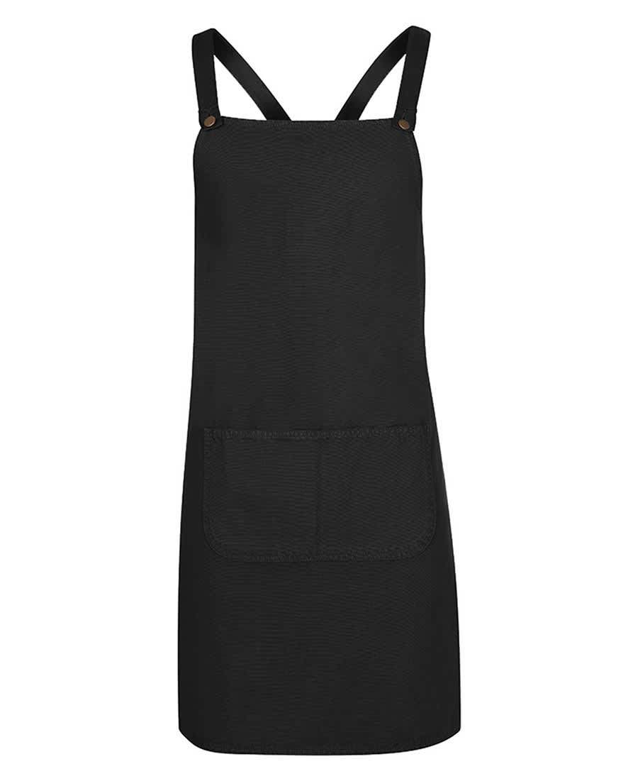 A black canvas apron with cross back straps and a front pocket, featuring a logo. JB's Cross Back Canvas Apron (Without Strap) - Image 1