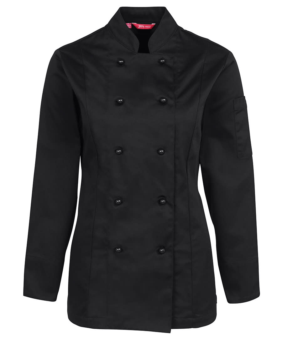 A black ladies' long-sleeve chef's jacket with a double-breasted design and a side pocket. JB's Ladies L/S Chef's Jacket - Image 1