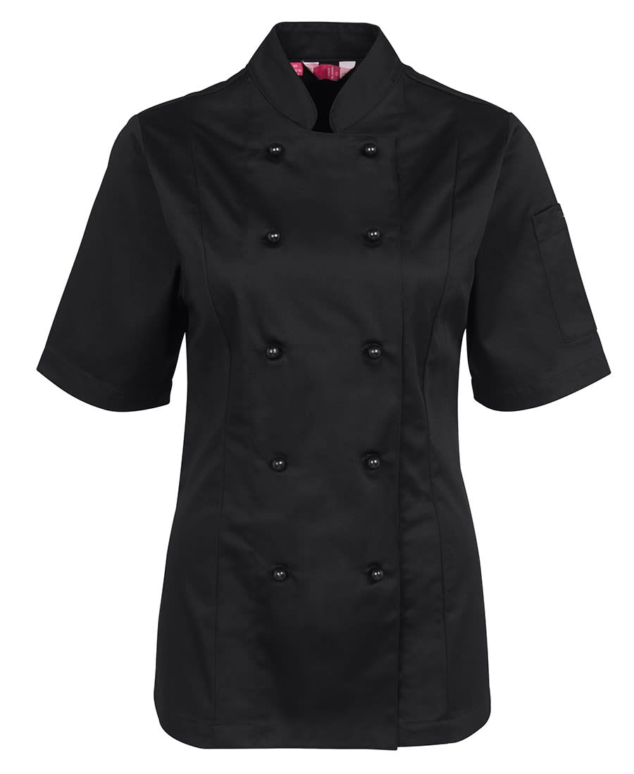 A black ladies' short-sleeve chef's jacket with double-breasted buttons and a single sleeve pocket. JB's Ladies S/S Chef's Jacket - Image 1