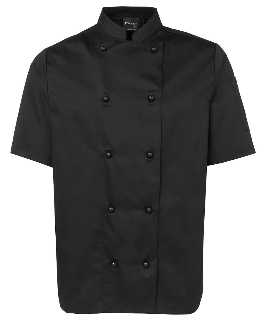 A short-sleeved black chef's jacket with a double-breasted front and a standing collar. Features a logo on the sleeve. JB's S/S Chefs Jacket - Image 1