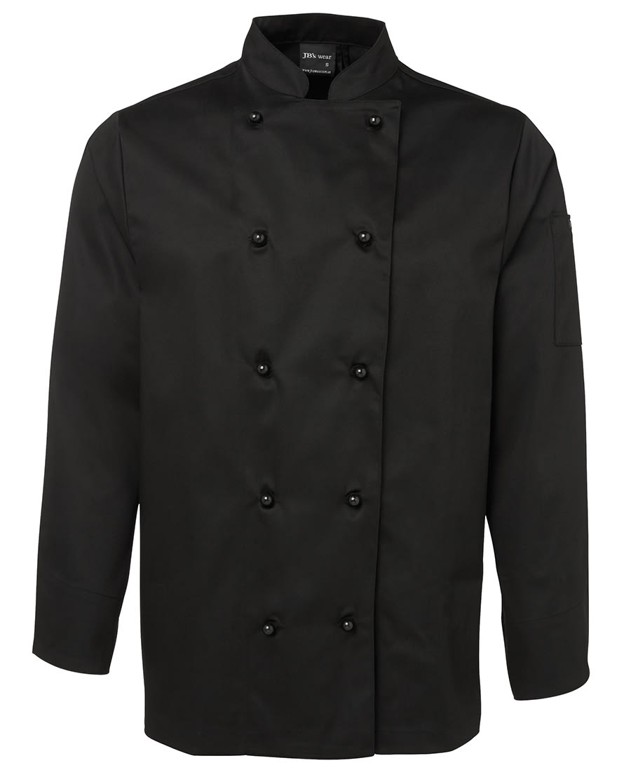 A black long-sleeve chef's jacket with a double-breasted design and a pocket on the sleeve. JB's L/S Chefs Jacket - Image 1