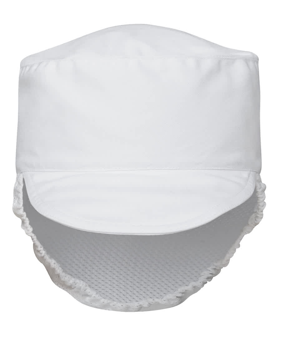A white chef's hat with a mesh back for ventilation and a curved brim, featuring a logo. JB's Food Prep Hat White - Image 1