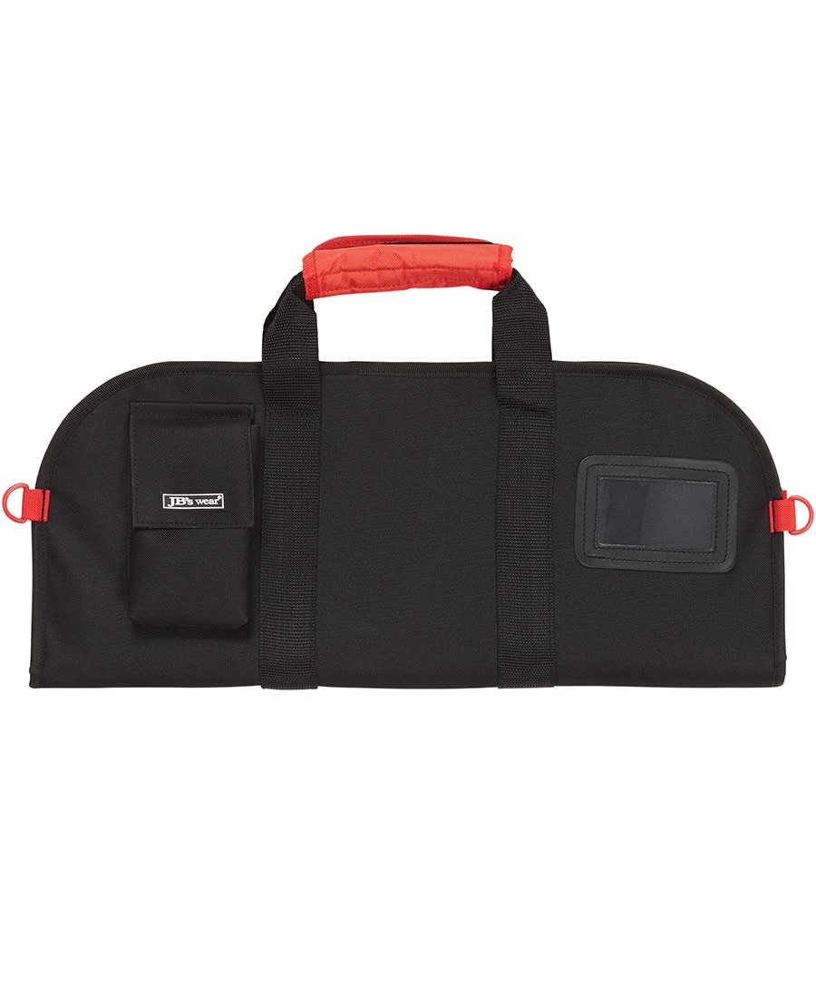 A black and red chef's knife bag featuring dual handles and a small pocket, with a logo on the side. JB's Chef's Knife Bag - Image 1