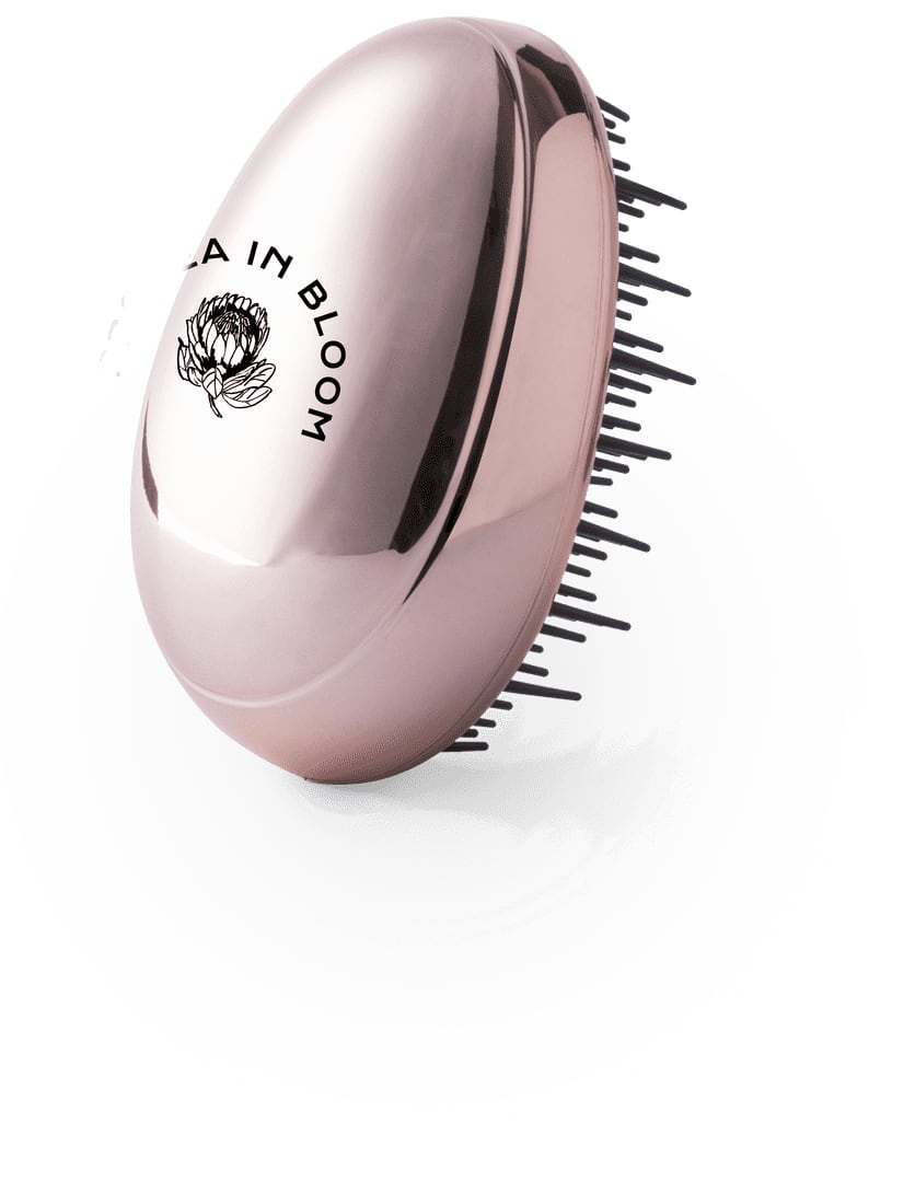 A pink hairbrush with a rounded design, featuring a logo and fine bristles for hairstyling. Tramux Hairbrush - Image 1