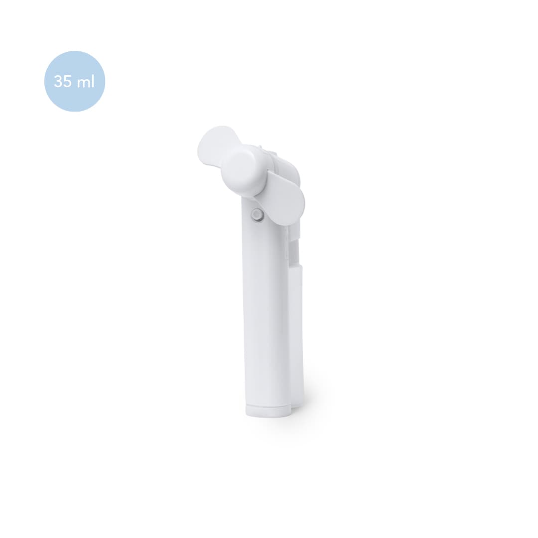 A white handheld vaporiser fan with a small fan blade, featuring a logo and measuring 35 ml. Hendry Vaporizer Fan - Image 1