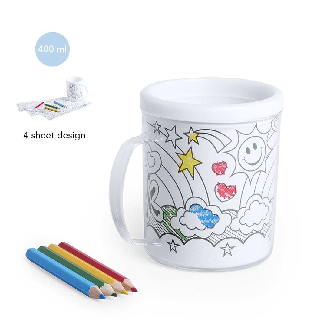 A drink mug in white featuring a colouring design with a handle, along with coloured pencils. Capacity of 400 ml. Fesient Mug - Image 1
