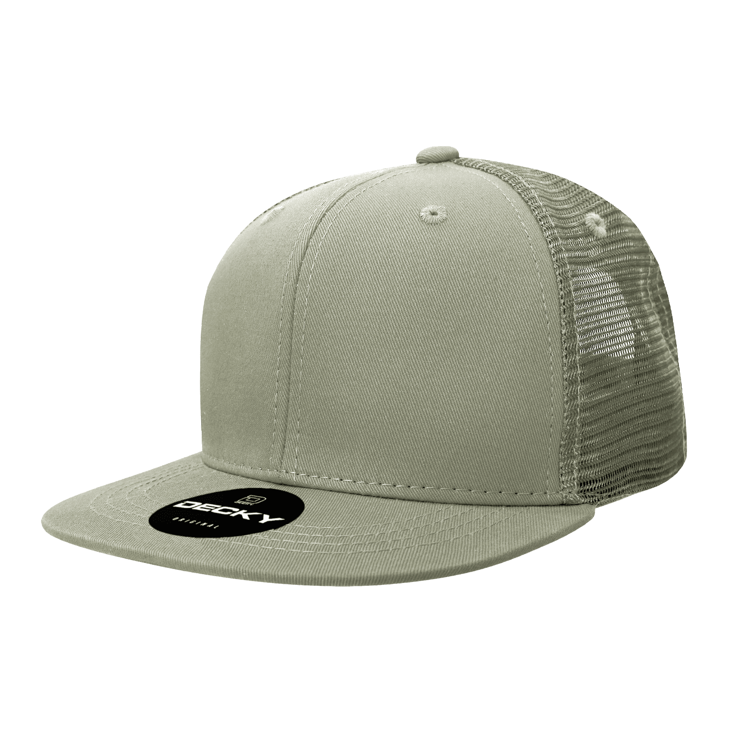 A light green, high-profile structured trucker cap with a mesh back and a branded tag on the front. 6 Panel High Profile Structured Trucker - Image 1
