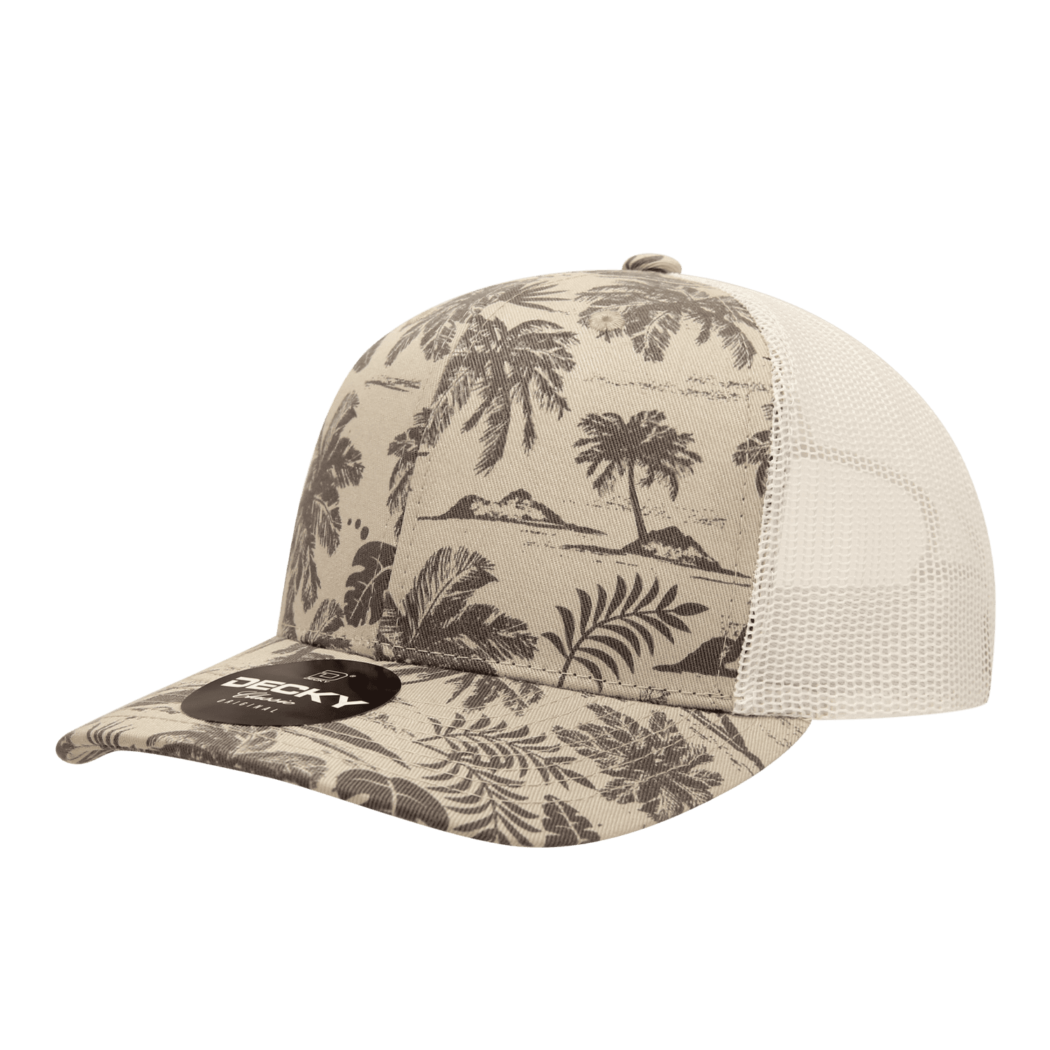 A beige tropical-patterned trucker cap with a structured mid-profile and mesh sides. Features a logo on the front. 6 Panel Mid Profile Structured Tropical Trucker - Image 1