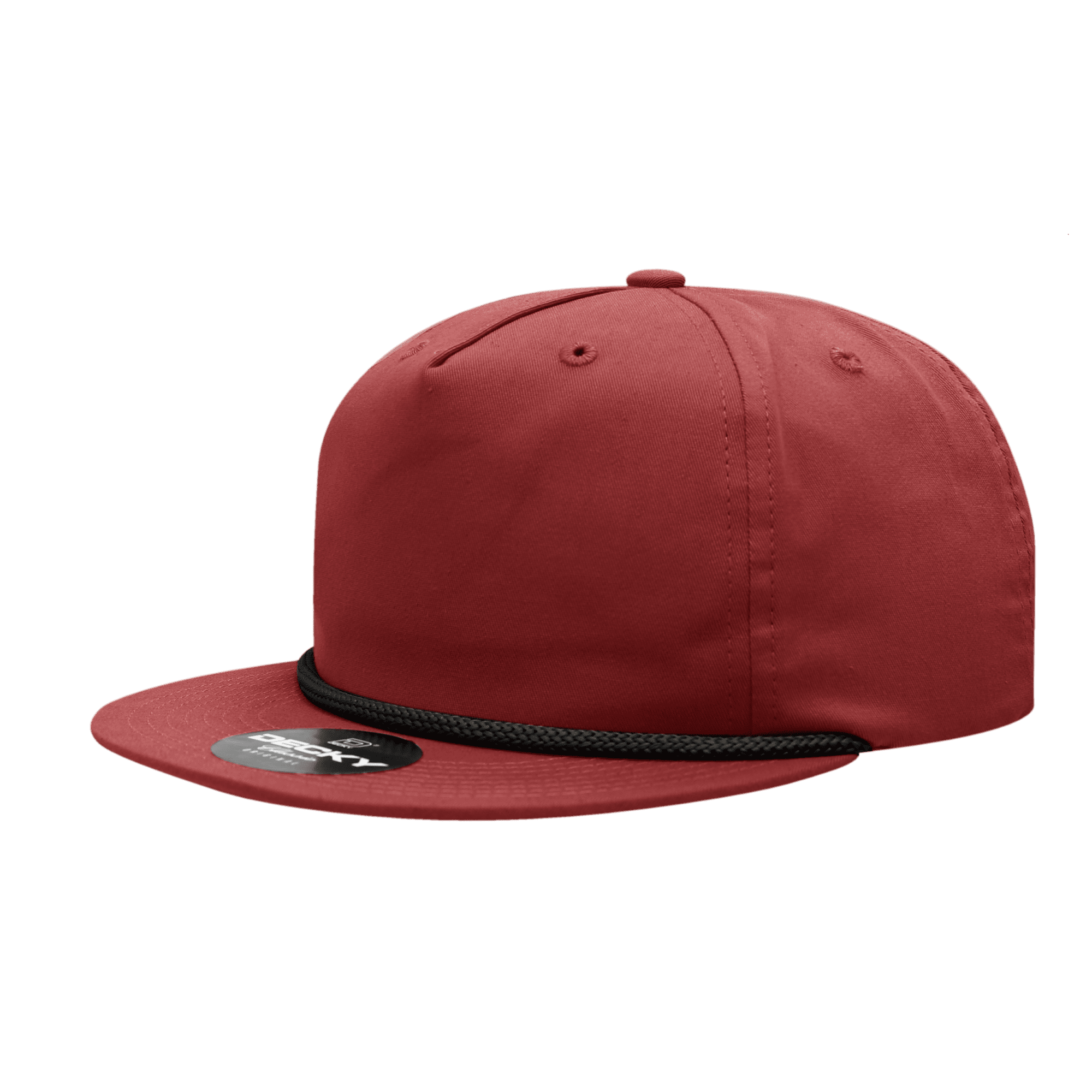 A maroon 5 Panel High Profile Relaxed Rope Hat featuring a flat brim and a black rope detail. It includes a logo. 5 Panel High Profile Relaxed Rope Hat - Image 1
