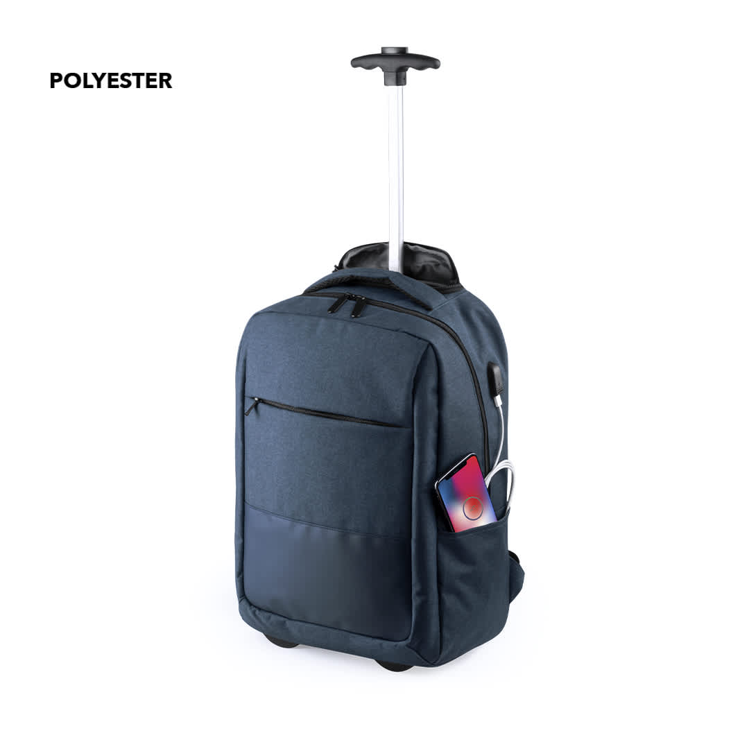 A navy polyester trolley backpack with a retractable handle and a front pocket, featuring a hidden phone slot. Haltrix Trolley Backpack - Image 1