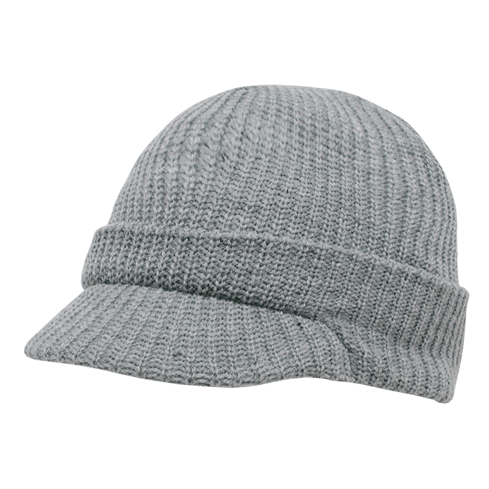 A grey knitted cap with a small brim, featuring a ribbed texture. The cap has a rounded top and a snug fit. GI HybriCap - Image 1
