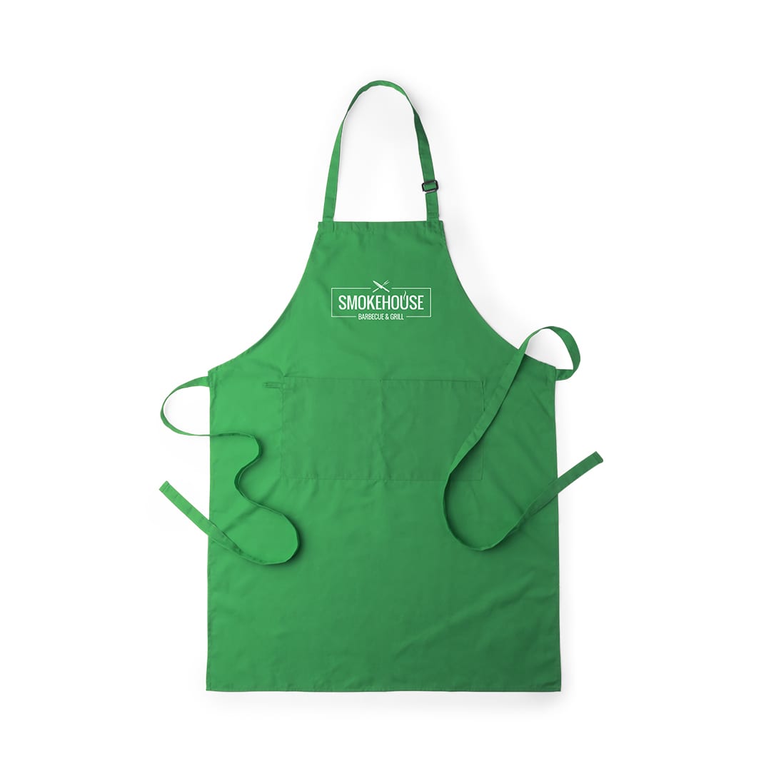 A green apron with an adjustable neck strap and waist ties, featuring a logo on the front. Konner Apron - Image 1